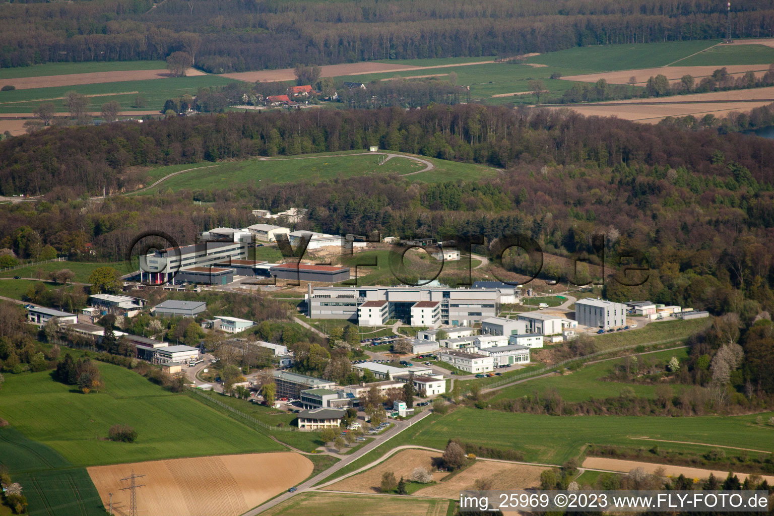 Aerial view of Pfinztal, Fraunhofer Institute for Chemical Technology (ICT) in the district Grötzingen in Karlsruhe in the state Baden-Wuerttemberg, Germany