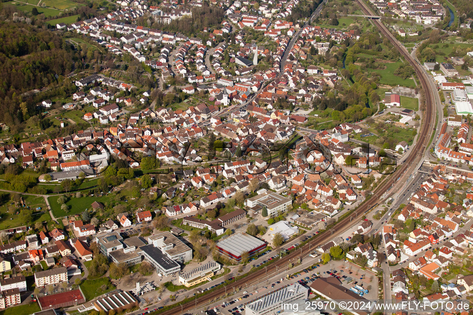 School building of the Ludwig-Marum-Gymnasium Pfinztal in the district Berghausen in Pfinztal in the state Baden-Wurttemberg out of the air