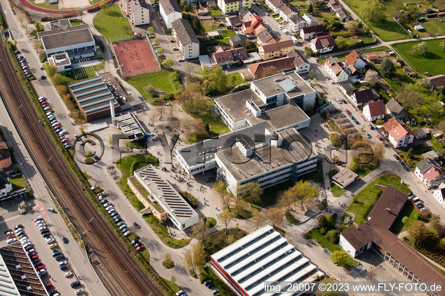 Drone recording of School building of the Ludwig-Marum-Gymnasium Pfinztal in the district Berghausen in Pfinztal in the state Baden-Wurttemberg
