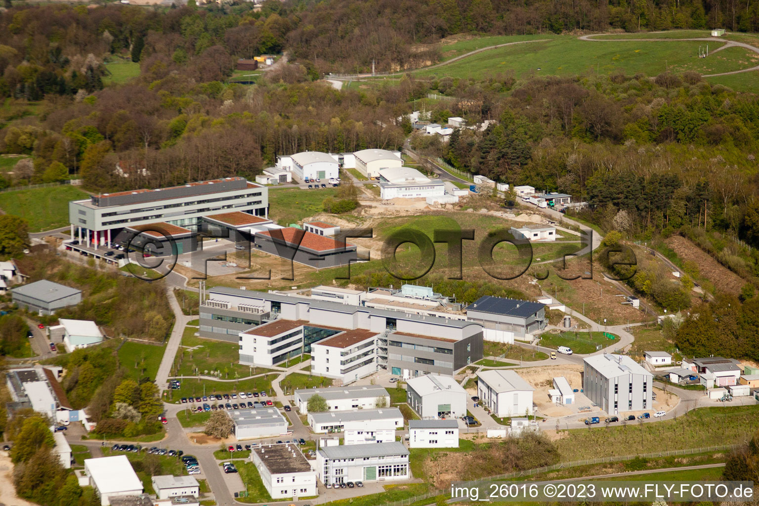 Oblique view of Fraunhofer Institute for Chemical Technology (ICT) in the district Berghausen in Pfinztal in the state Baden-Wuerttemberg, Germany