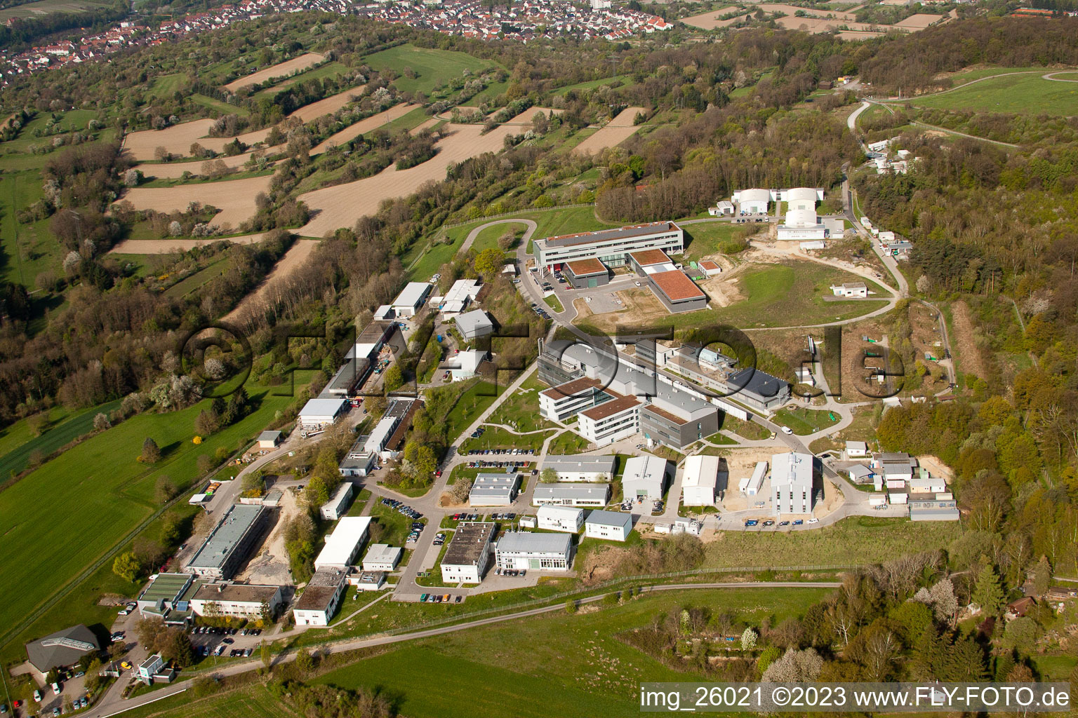 Bird's eye view of Fraunhofer Institute for Chemical Technology (ICT) in the district Berghausen in Pfinztal in the state Baden-Wuerttemberg, Germany