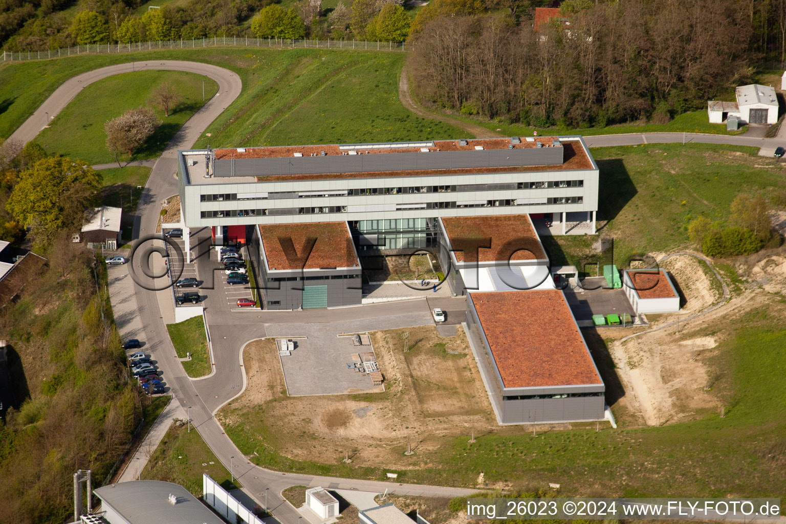 Oblique view of Pfinztal, Fraunhofer Institute for Chemical Technology (ICT) in the district Grötzingen in Karlsruhe in the state Baden-Wuerttemberg, Germany