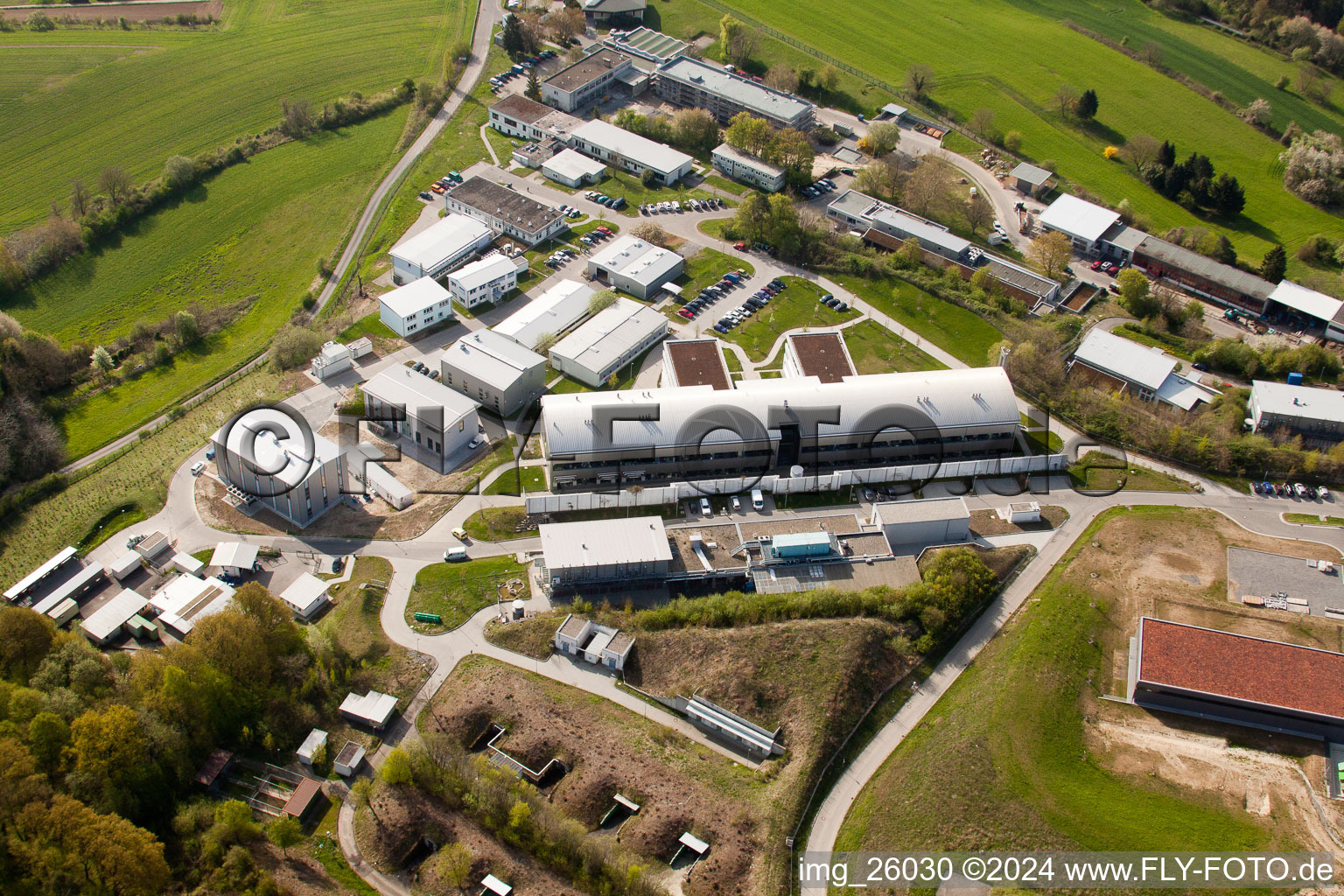 Drone recording of Pfinztal, Fraunhofer Institute for Chemical Technology (ICT) in the district Grötzingen in Karlsruhe in the state Baden-Wuerttemberg, Germany