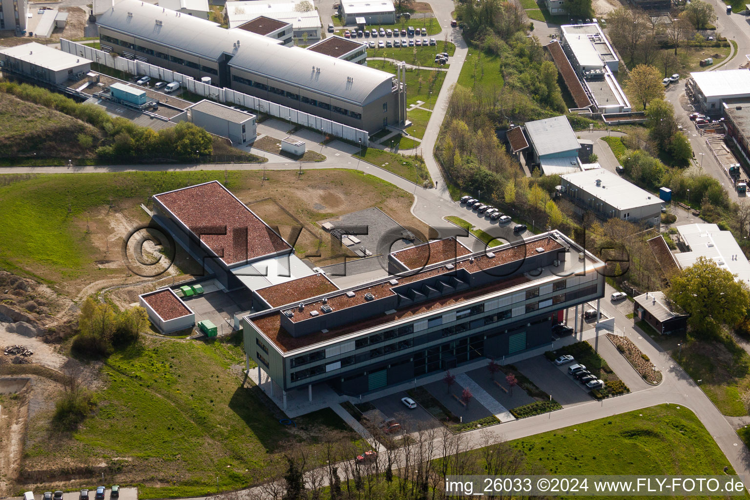 Aerial view of Pfinztal, Fraunhofer Institute for Chemical Technology (ICT) from the west in the district Grötzingen in Karlsruhe in the state Baden-Wuerttemberg, Germany