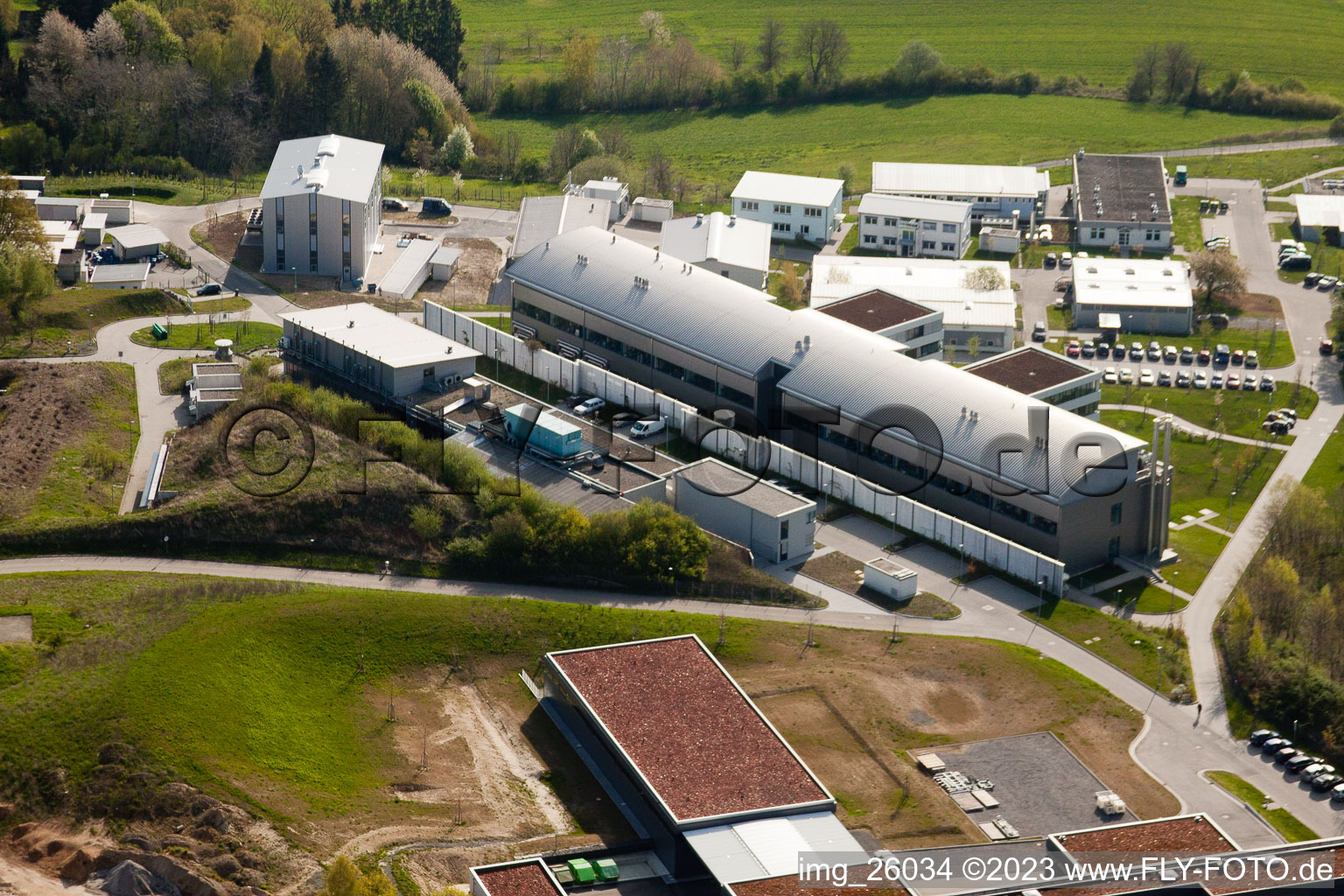 Aerial photograpy of Pfinztal, Fraunhofer Institute for Chemical Technology (ICT) from the west in the district Grötzingen in Karlsruhe in the state Baden-Wuerttemberg, Germany