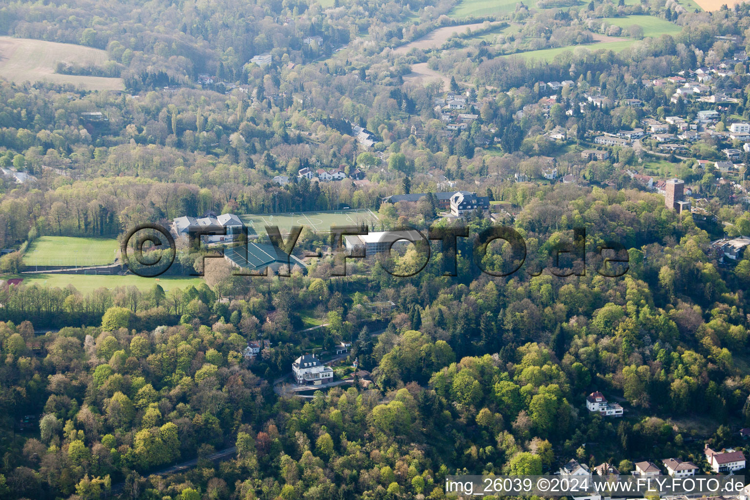 Aerial view of Sports school Schöneck behind the Turmberg in the district Durlach in Karlsruhe in the state Baden-Wuerttemberg, Germany