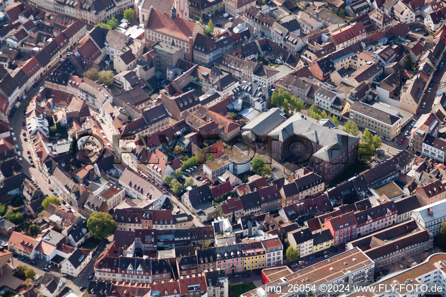 Oblique view of Old Town area and city center in the district Durlach in Karlsruhe in the state Baden-Wurttemberg