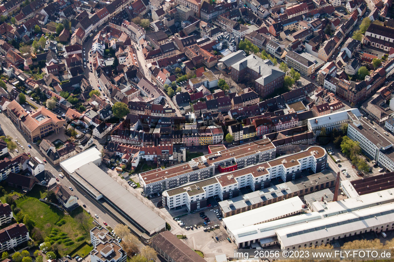 To the foundry in the district Durlach in Karlsruhe in the state Baden-Wuerttemberg, Germany from above