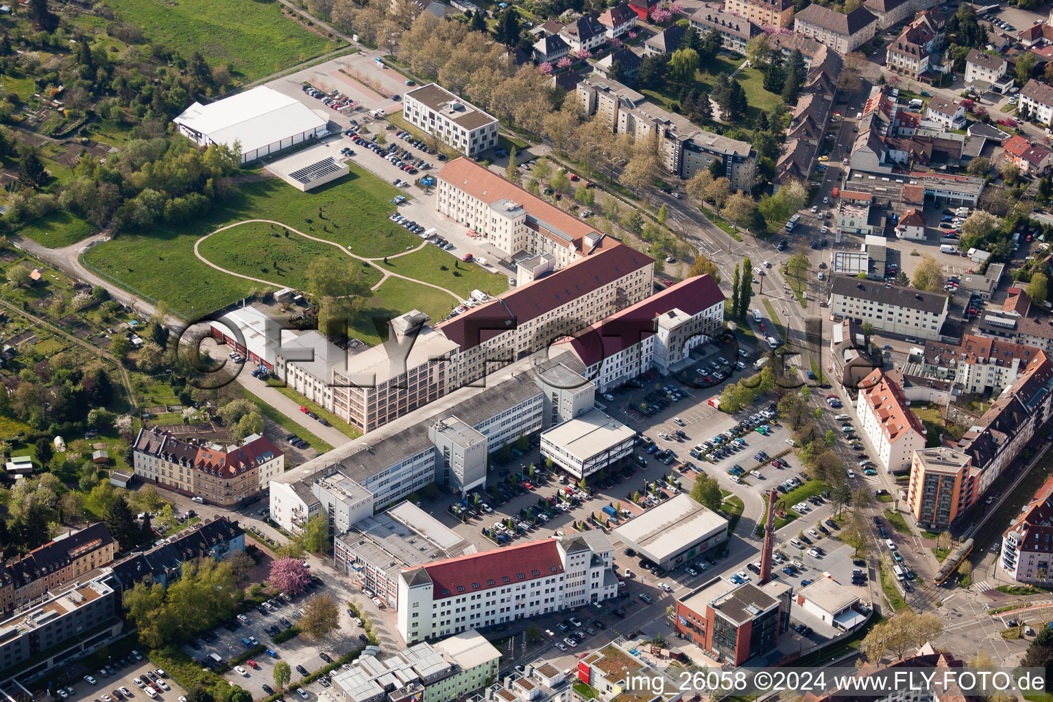 Aerial view of Development area of industrial wasteland ehemaliges Pfaff-Gelaende jetzt Raumfabrik in the district Durlach in Karlsruhe in the state Baden-Wurttemberg