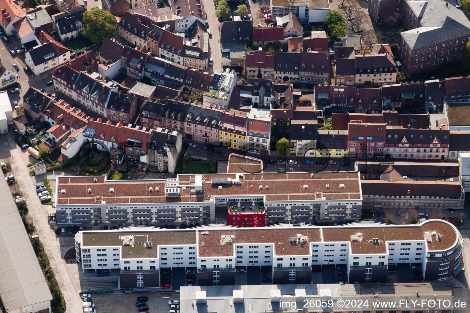 Aerial photograpy of Development area of industrial conversion project zur Giesserei in the district Durlach in Karlsruhe in the state Baden-Wurttemberg