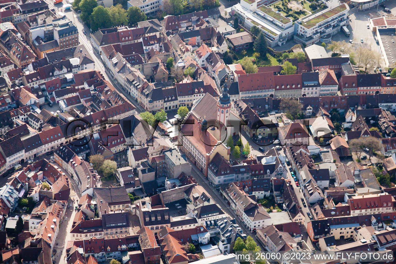 Aerial view of City church in the district Durlach in Karlsruhe in the state Baden-Wuerttemberg, Germany