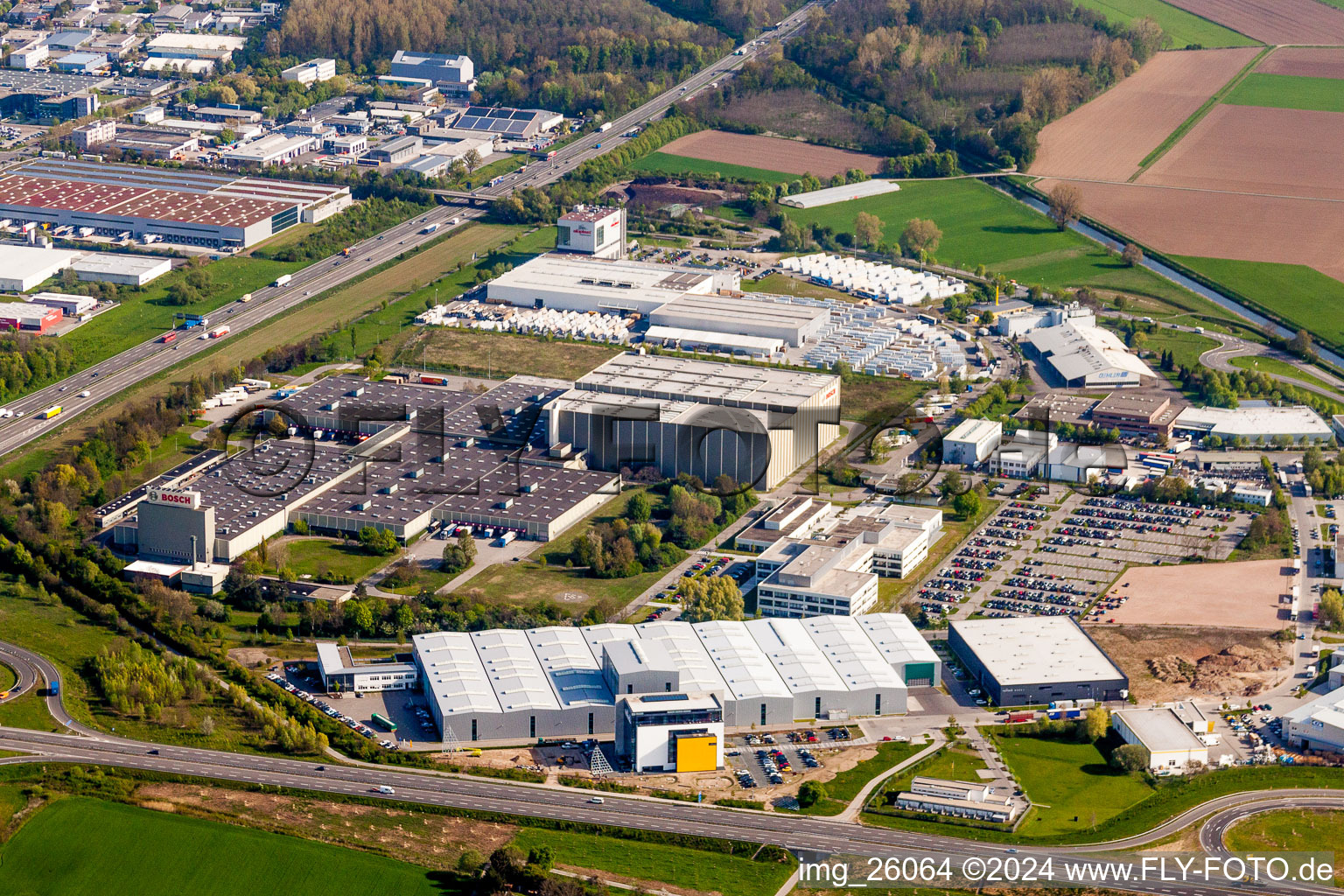 Building and production halls on the premises of Robert Bosch GmbH in the district Durlach in Karlsruhe in the state Baden-Wurttemberg, Germany