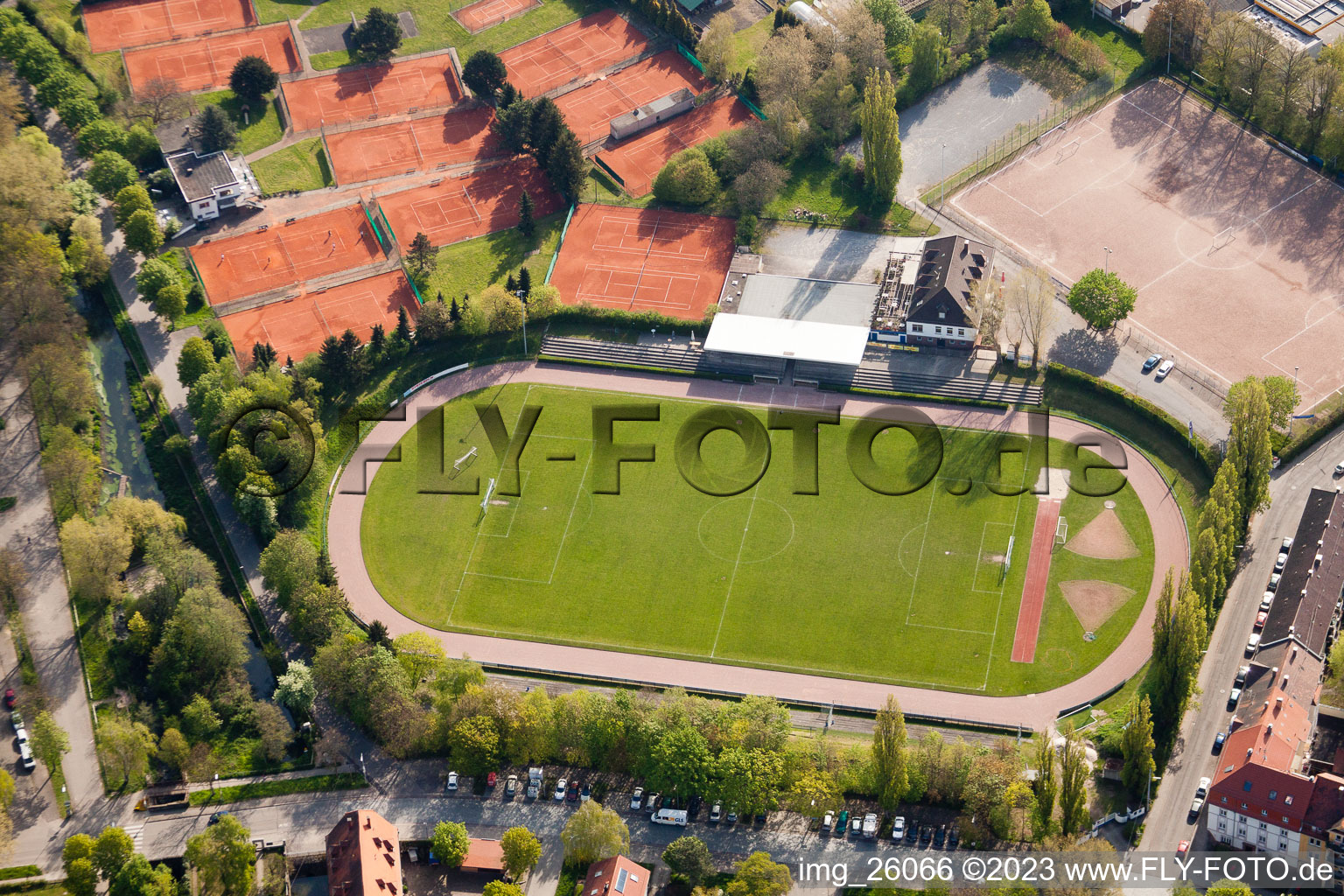 Aerial view of Turmberg Stadium in the district Durlach in Karlsruhe in the state Baden-Wuerttemberg, Germany