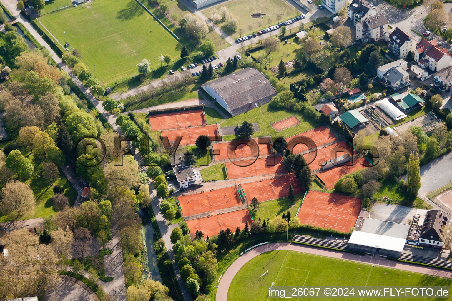 Aerial view of Tennis Club at Turmberg Stadium in the district Durlach in Karlsruhe in the state Baden-Wuerttemberg, Germany