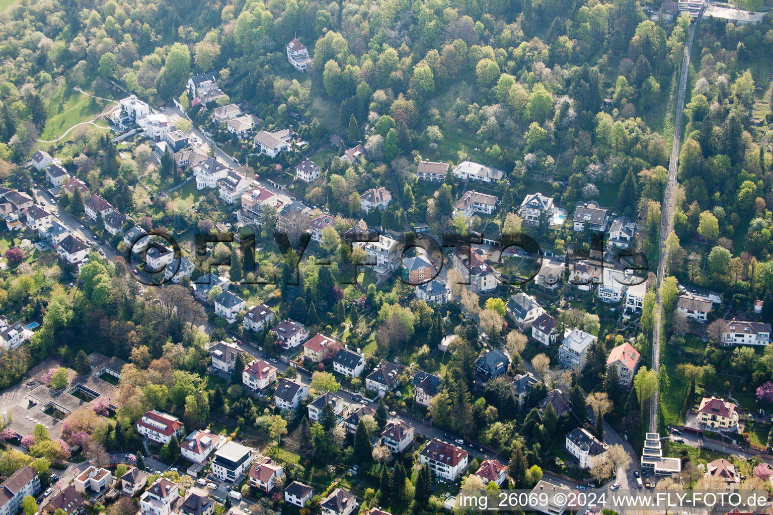 Aerial view of Turmberg cable car in the district Durlach in Karlsruhe in the state Baden-Wuerttemberg, Germany