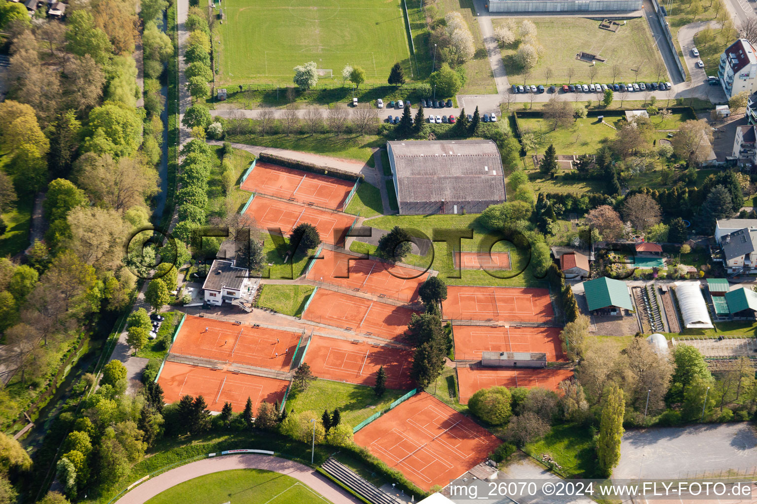 Aerial photograpy of Tennis Club at Turmberg Stadium in the district Durlach in Karlsruhe in the state Baden-Wuerttemberg, Germany