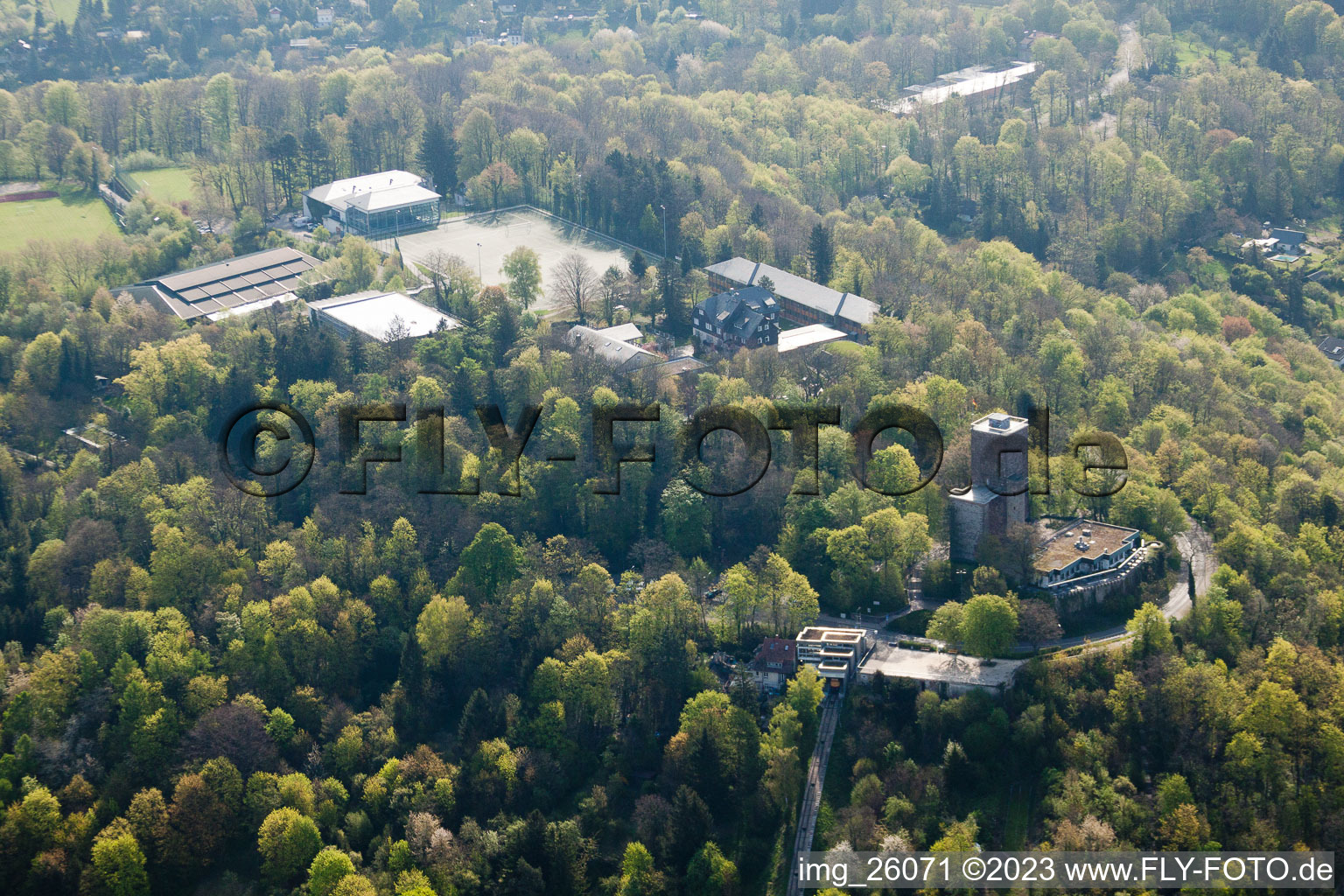 Aerial photograpy of Schöneck sports school behind the Turmberg in the district Durlach in Karlsruhe in the state Baden-Wuerttemberg, Germany