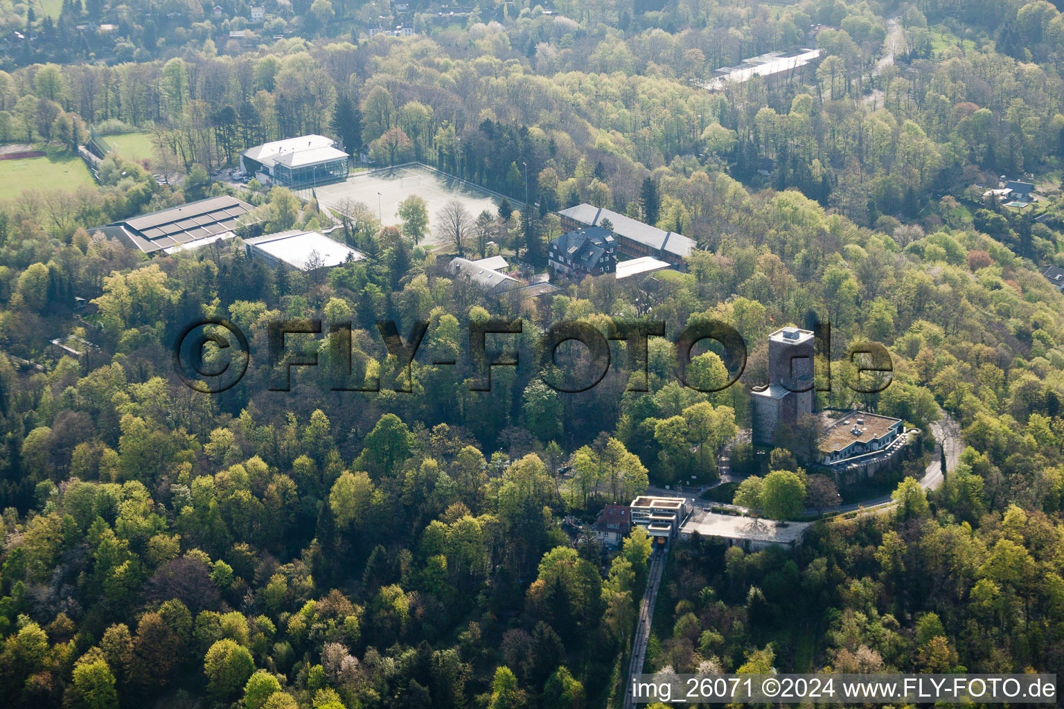 Aerial photograpy of Sports school Schöneck behind the Turmberg in the district Durlach in Karlsruhe in the state Baden-Wuerttemberg, Germany