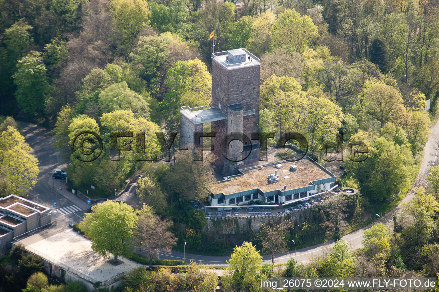 Structure of the observation tower on the Turmberg with Gourmetrestaurant Anders in the district Durlach in Karlsruhe in the state Baden-Wurttemberg