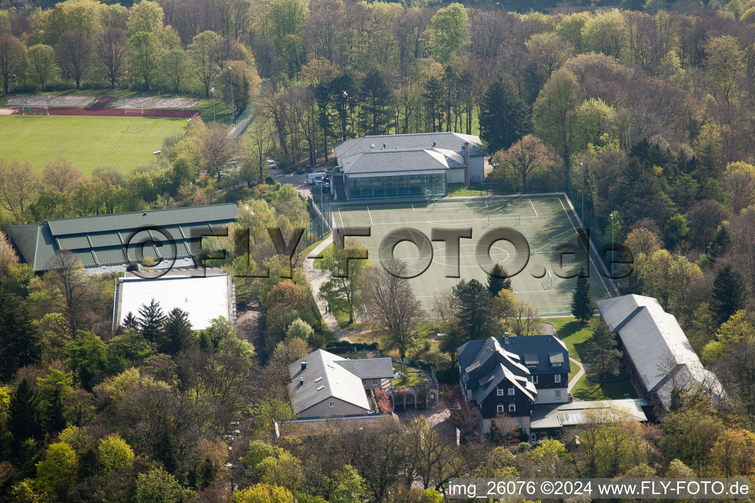 Oblique view of Sports school Schöneck behind the Turmberg in the district Durlach in Karlsruhe in the state Baden-Wuerttemberg, Germany