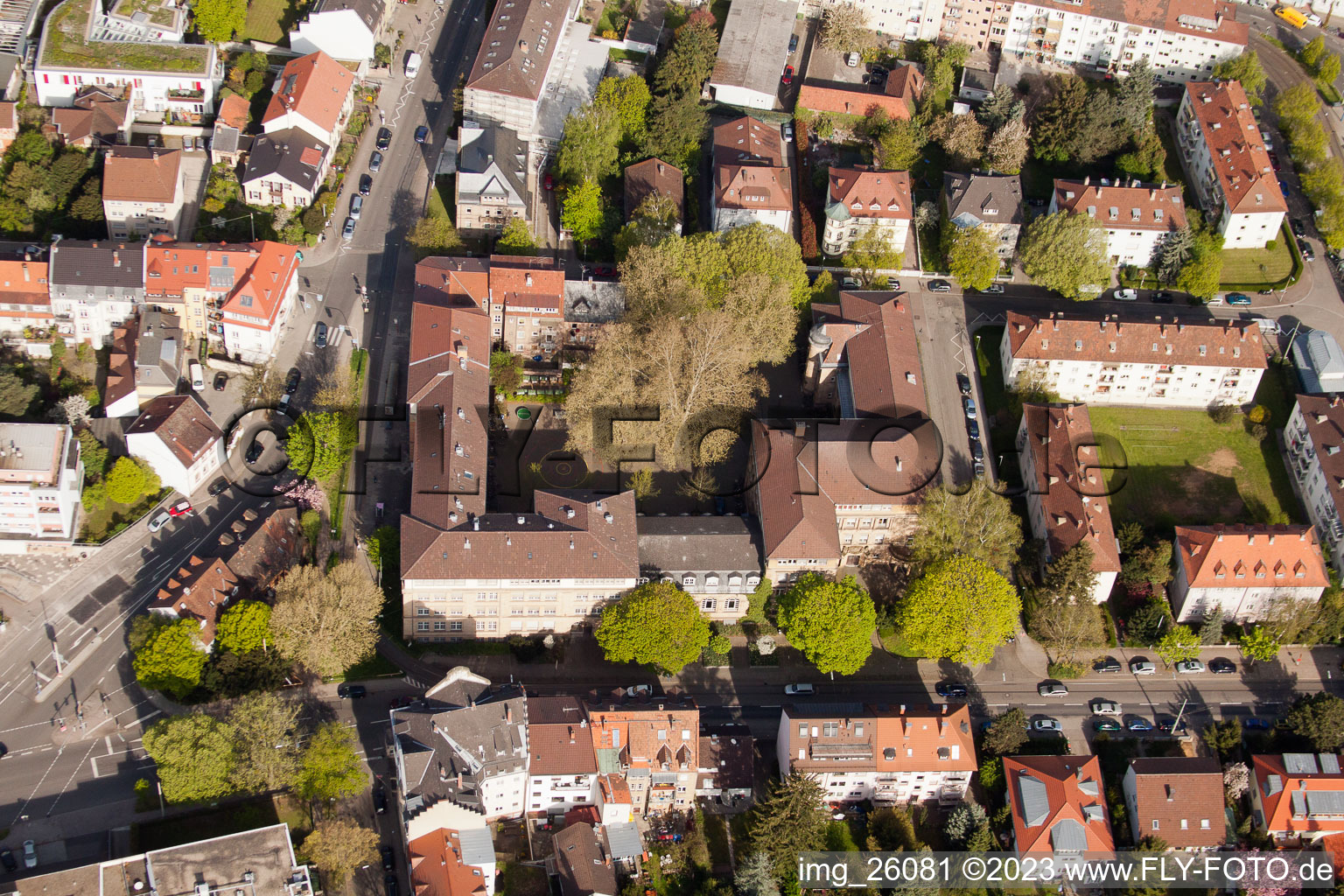 Aerial view of Margrave High School in the district Durlach in Karlsruhe in the state Baden-Wuerttemberg, Germany