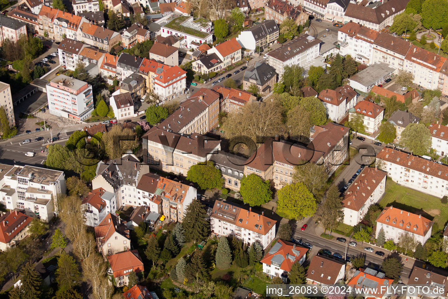 Oblique view of Markgrafen-Gymnasium in the district Durlach in Karlsruhe in the state Baden-Wuerttemberg, Germany