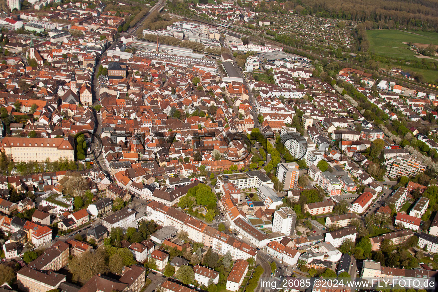 Aerial view of Old town from the east in the district Durlach in Karlsruhe in the state Baden-Wuerttemberg, Germany