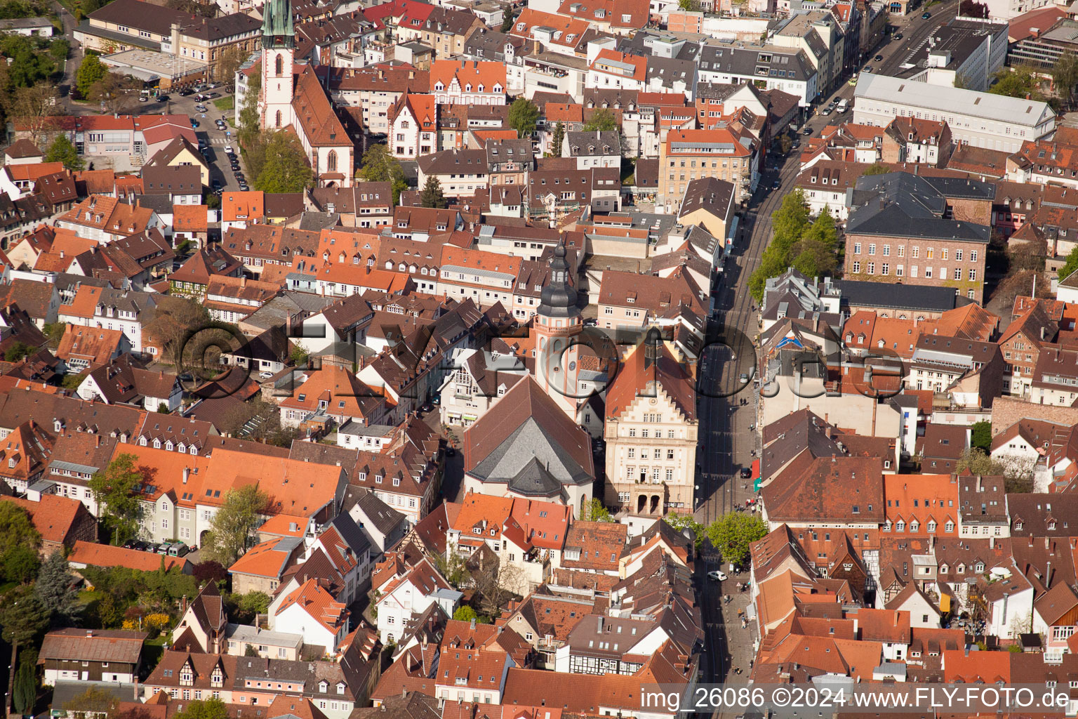 Old Town area and city center in the district Durlach in Karlsruhe in the state Baden-Wurttemberg from above