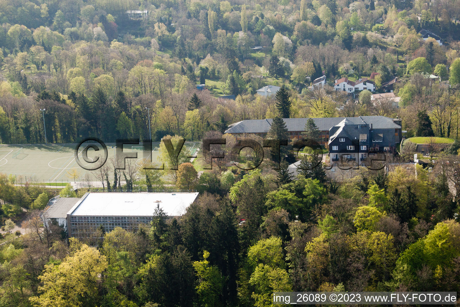 Schöneck sports school behind the Turmberg in the district Durlach in Karlsruhe in the state Baden-Wuerttemberg, Germany from above