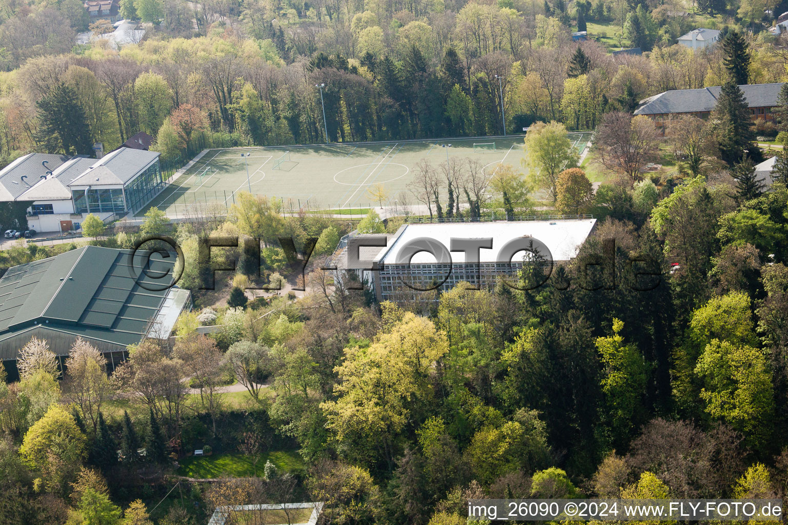 Sports school Schöneck behind the Turmberg in the district Durlach in Karlsruhe in the state Baden-Wuerttemberg, Germany out of the air