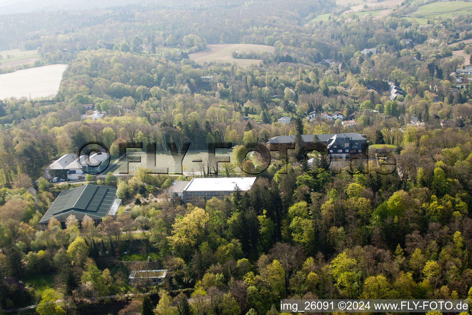 Sports school Schöneck behind the Turmberg in the district Durlach in Karlsruhe in the state Baden-Wuerttemberg, Germany seen from above