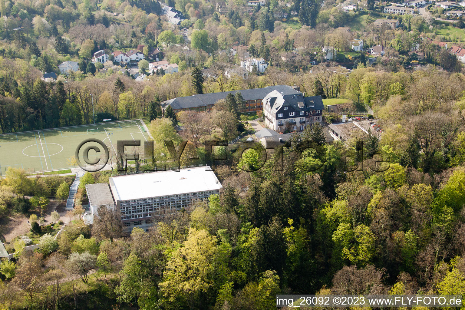 Schöneck sports school behind the Turmberg in the district Durlach in Karlsruhe in the state Baden-Wuerttemberg, Germany from the plane