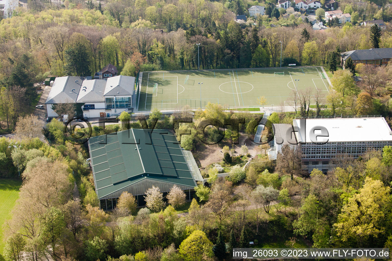 Bird's eye view of Schöneck sports school behind the Turmberg in the district Durlach in Karlsruhe in the state Baden-Wuerttemberg, Germany