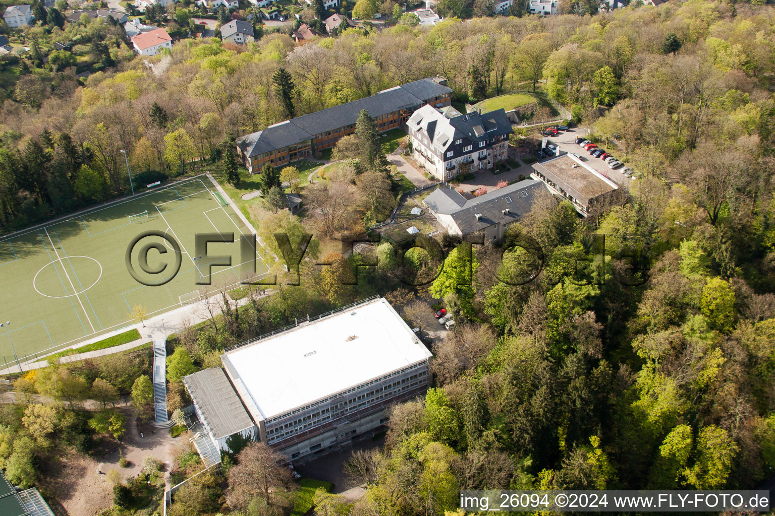 Sports school Schöneck behind the Turmberg in the district Durlach in Karlsruhe in the state Baden-Wuerttemberg, Germany viewn from the air