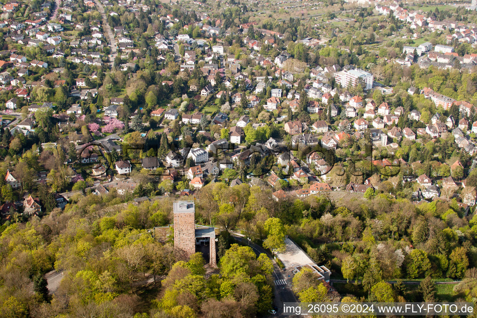 Aerial view of Turmberg from the east in the district Durlach in Karlsruhe in the state Baden-Wuerttemberg, Germany