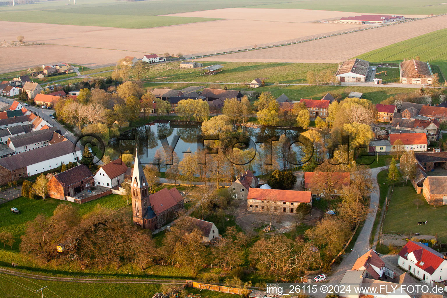 Aerial view of Church building in the village of in Borgisdorf in the state Brandenburg