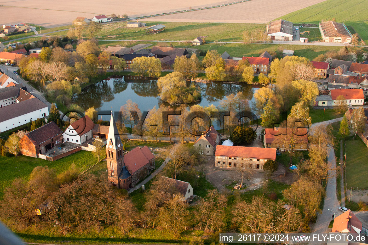 Aerial photograpy of Church building in the village of in Borgisdorf in the state Brandenburg