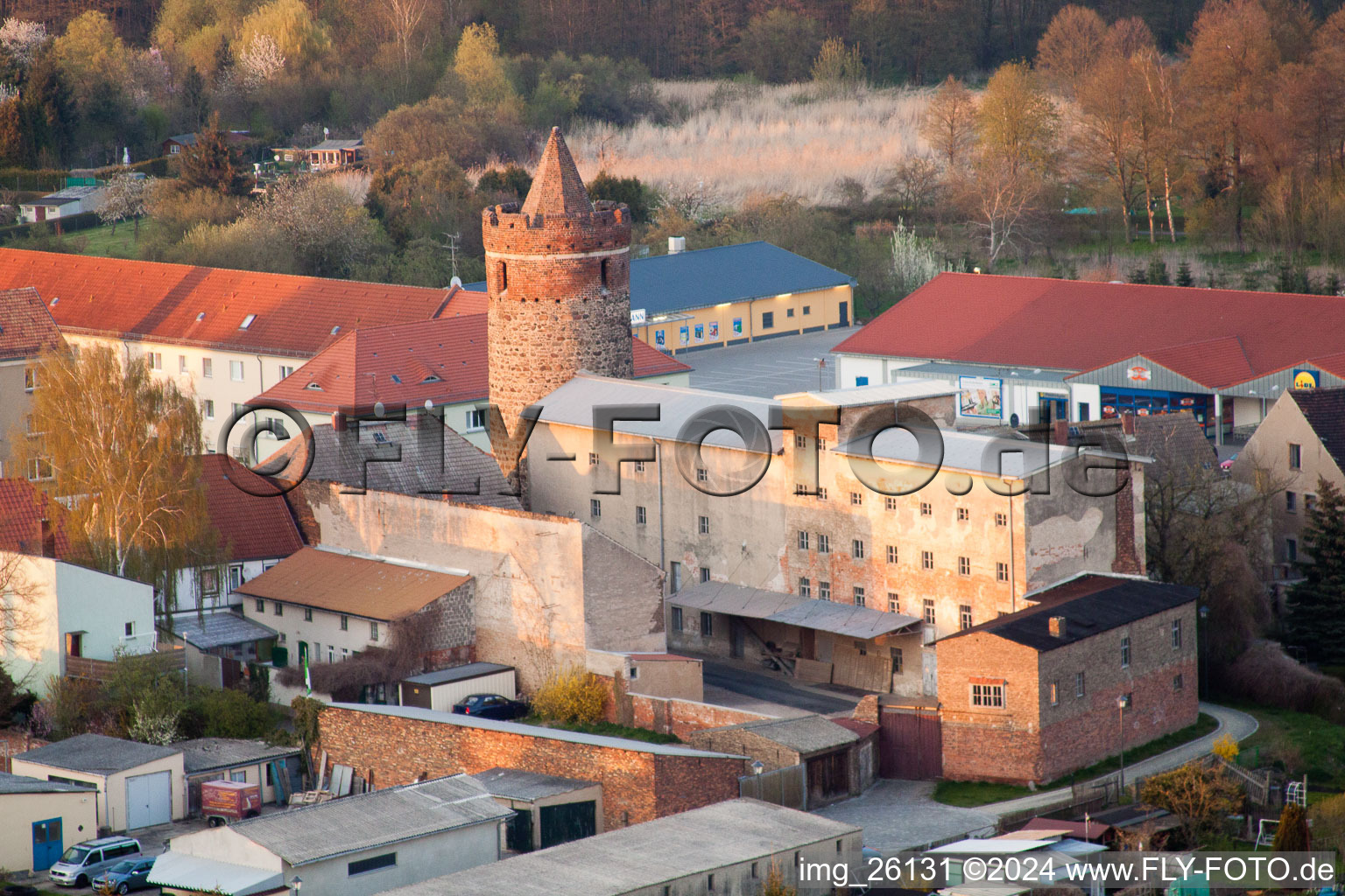 Aerial view of Church building of the Nikolai-church in Old Town- center of downtown in Jueterbog in the state Brandenburg