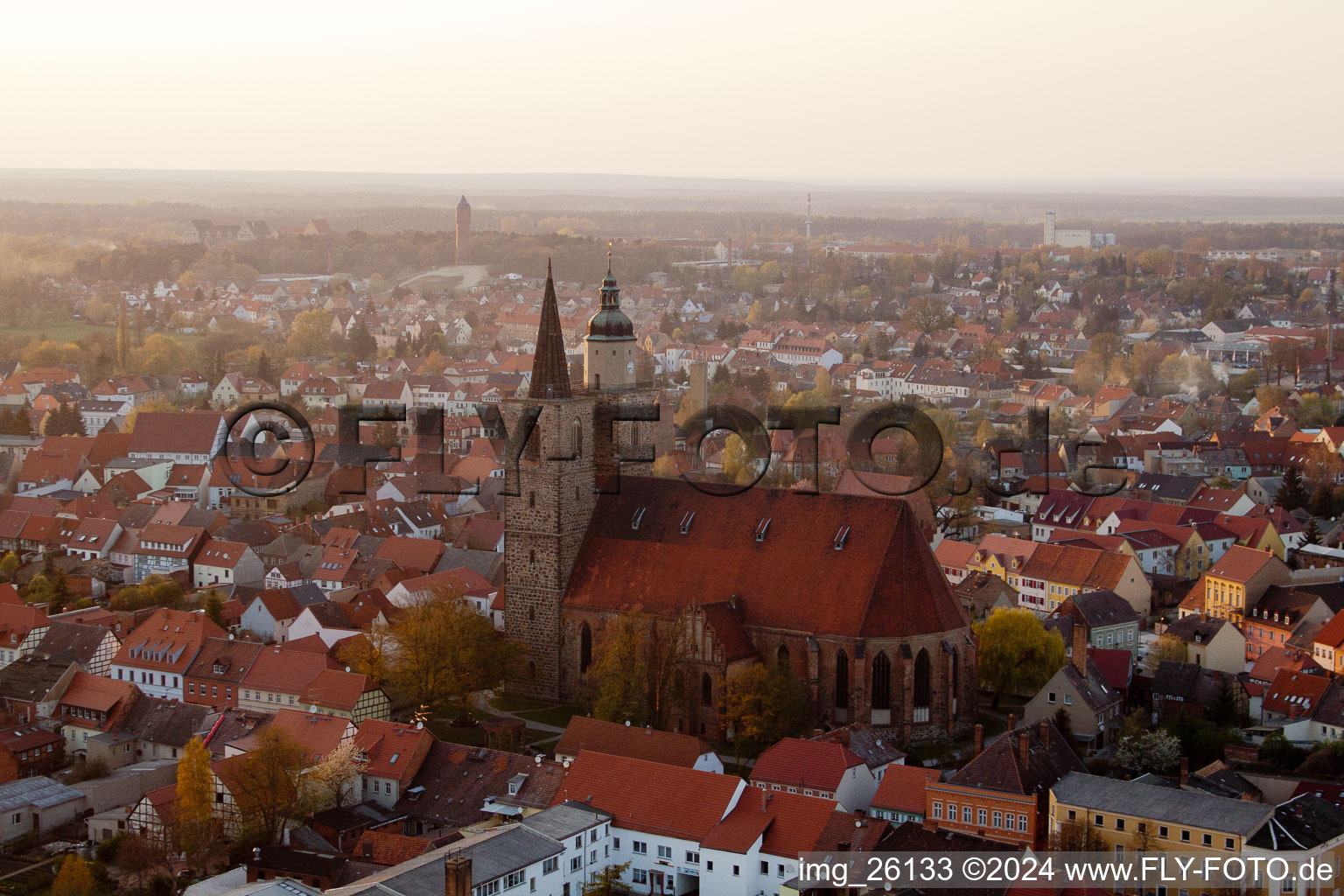 Aerial photograpy of Church building of the Nikolai-church in Old Town- center of downtown in Jueterbog in the state Brandenburg