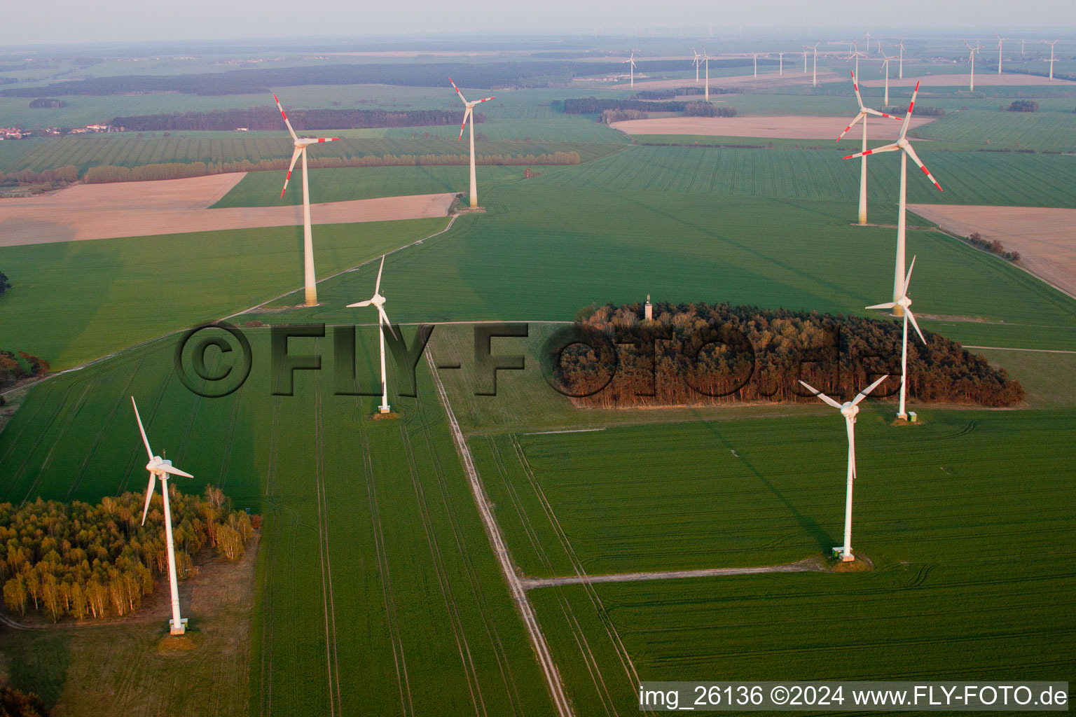 Aerial view of Wind farm near Neumarkt, Brandenburg in Neumarkt in the state Brandenburg, Germany