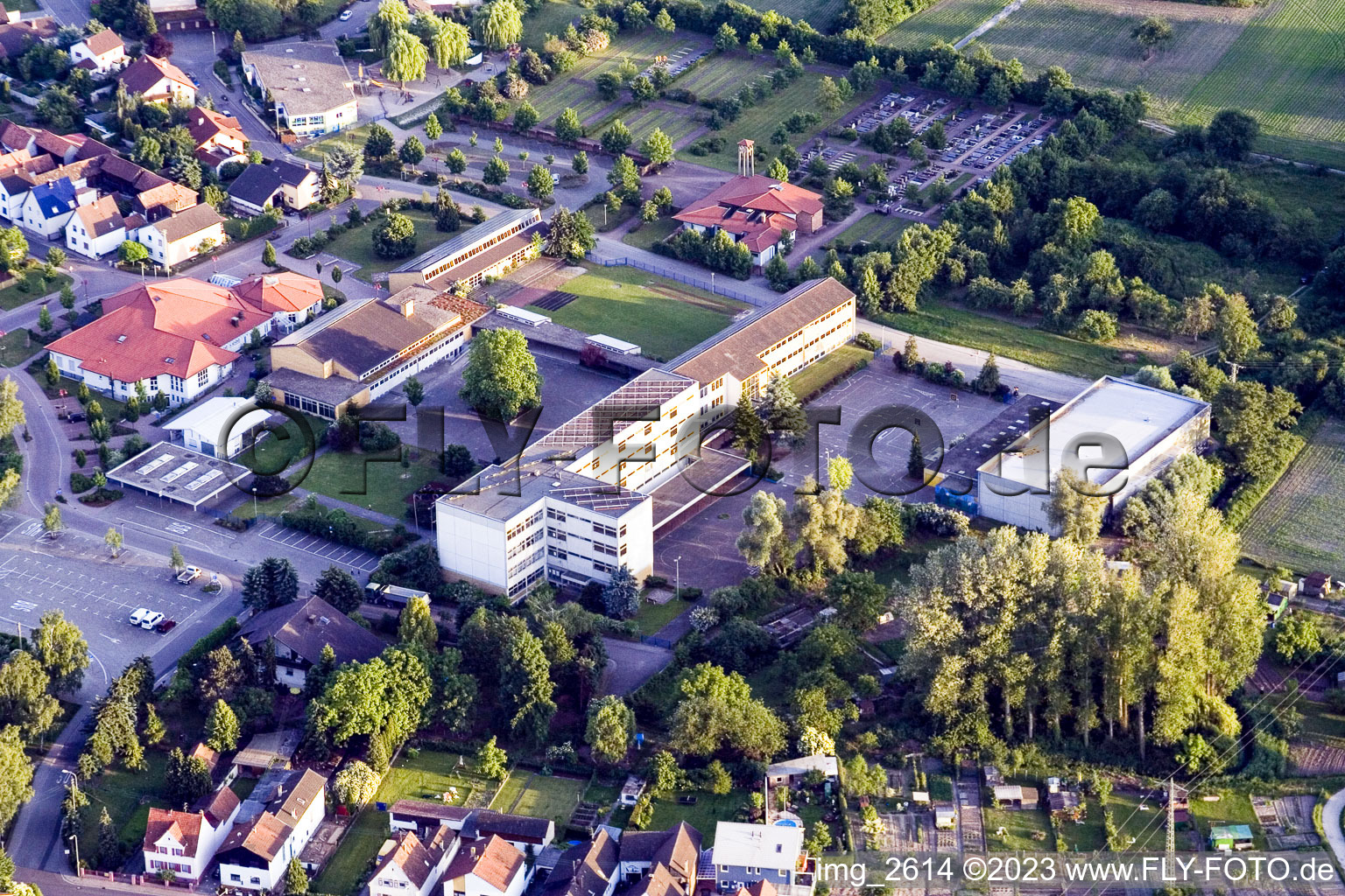 Aerial view of School center in Hagenbach in the state Rhineland-Palatinate, Germany