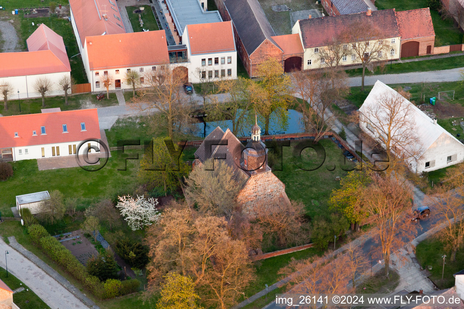 Aerial view of Church building in the village of in Niederer Flaeming in the state Brandenburg, Germany