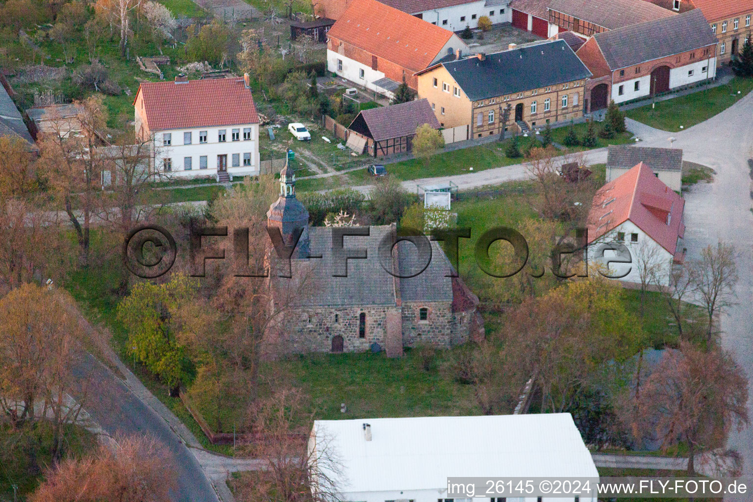 Aerial photograpy of Church building in the village of in Niederer Flaeming in the state Brandenburg, Germany