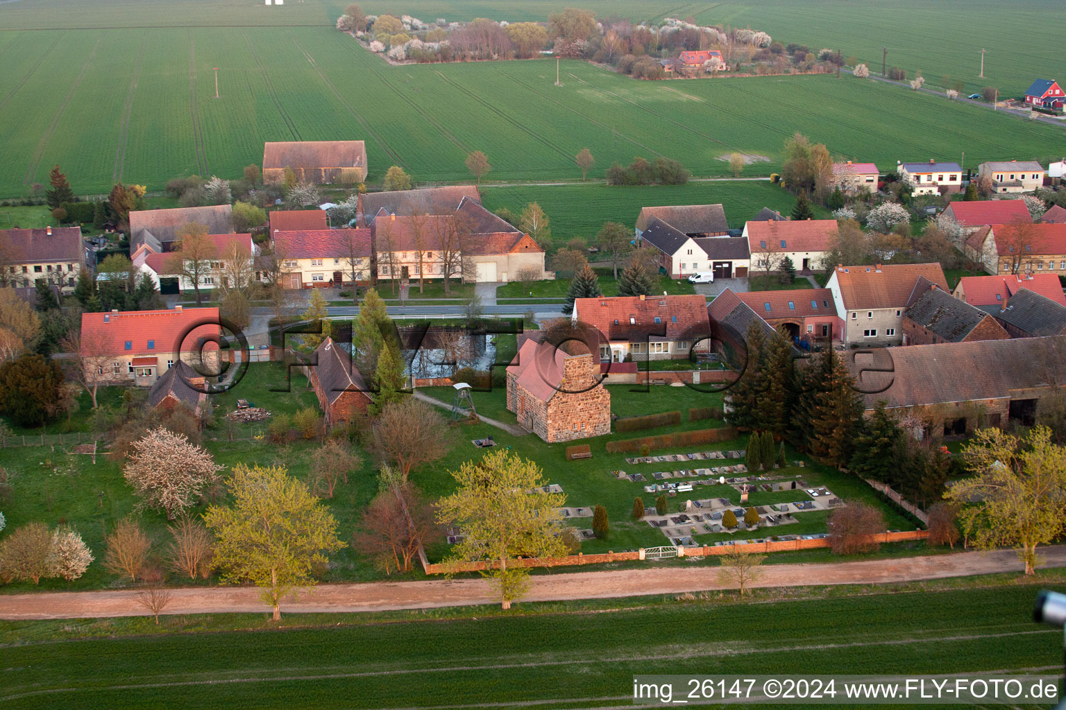 Church building in the village of in Niederer Flaeming in the state Brandenburg, Germany from above