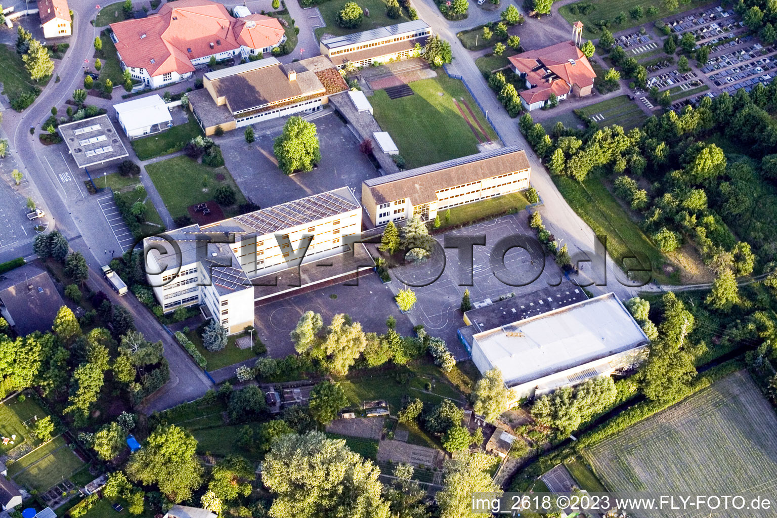 Aerial photograpy of School center in Hagenbach in the state Rhineland-Palatinate, Germany