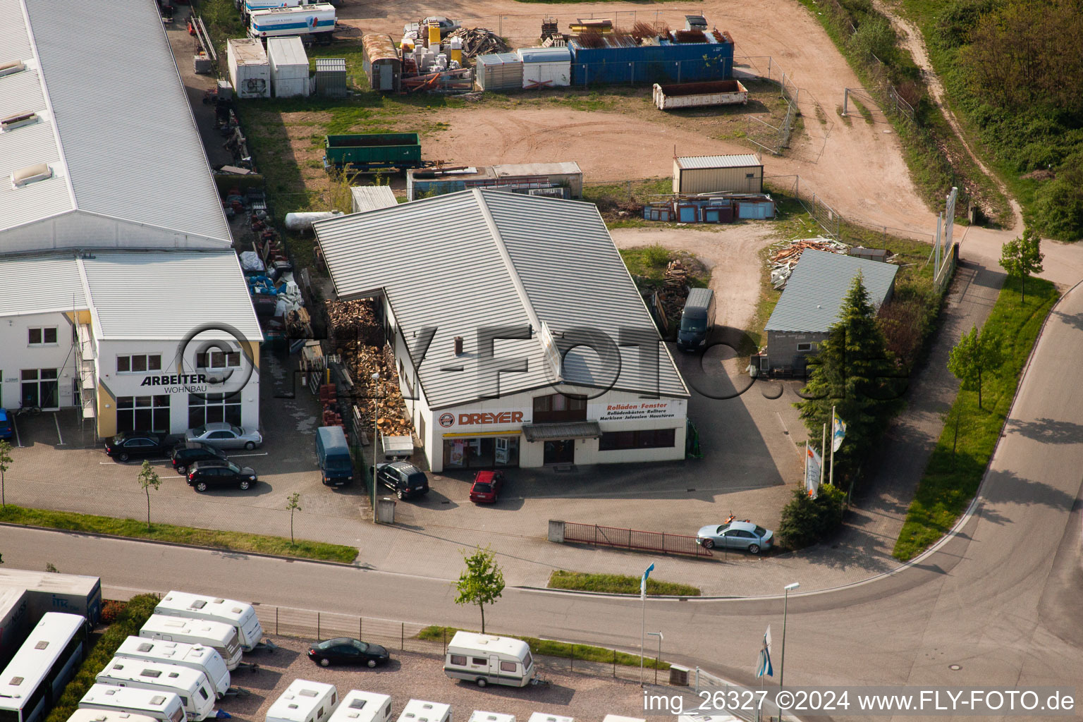 Aerial view of Dreyer roller shutters in the Horst industrial estate in the district Minderslachen in Kandel in the state Rhineland-Palatinate, Germany