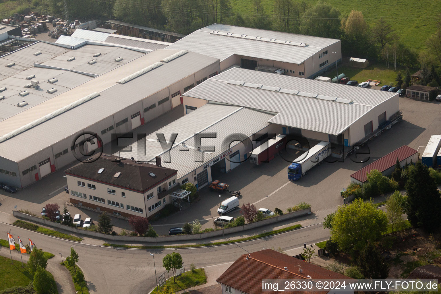 Aerial view of Nuss forwarding company in the Horst industrial estate in the district Minderslachen in Kandel in the state Rhineland-Palatinate, Germany