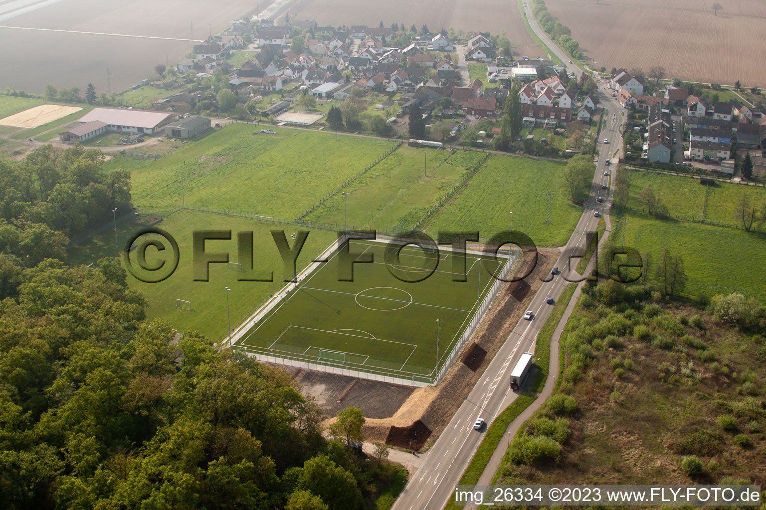 Aerial view of New artificial turf pitch in the district Minderslachen in Kandel in the state Rhineland-Palatinate, Germany