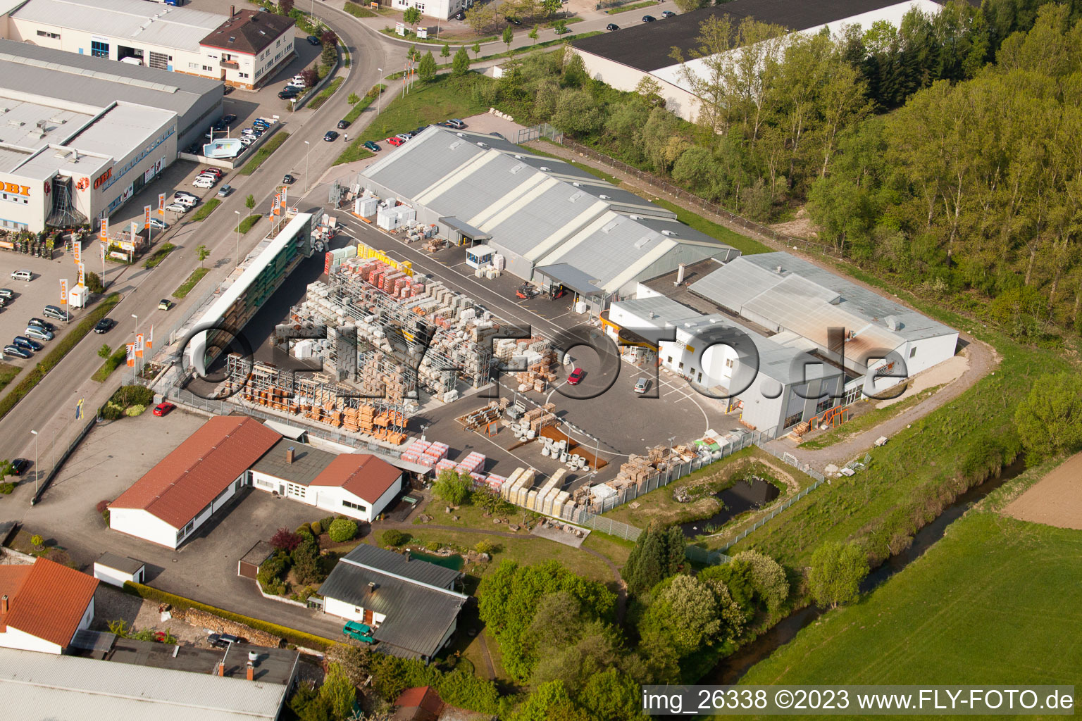 Oblique view of Minderlachen, UNION building materials trade in the district Minderslachen in Kandel in the state Rhineland-Palatinate, Germany