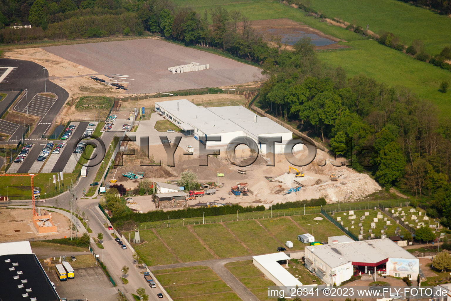 Horst industrial estate, Alfa Aesar in the district Minderslachen in Kandel in the state Rhineland-Palatinate, Germany seen from a drone